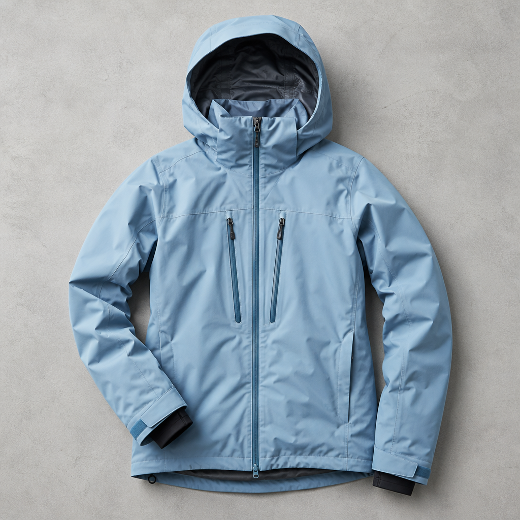 A glacier-blue waterproof, breathable ski jacket laid flat — the shell layer this packing list calls the piece you should never cut corners on.