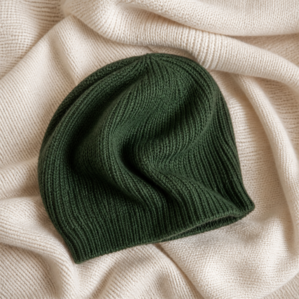 A slouchy pine-green merino wool beanie, packed to cover the ears fully without fighting a ski helmet.