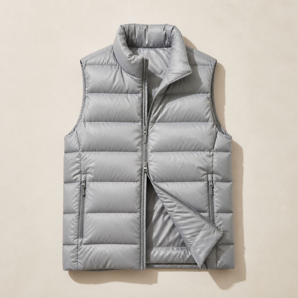 A lightweight silver-grey puffer vest, the quick layer for a walk to the lodge bar or the car when a full coat feels like overkill.