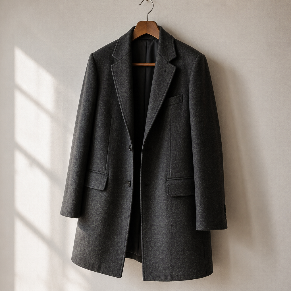 A tailored charcoal wool coat on a hanger — the investment piece that makes dinner in a mountain town feel like an occasion.