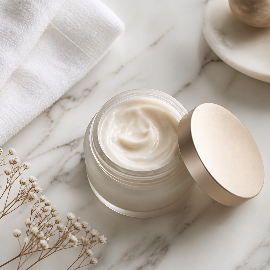 An open jar of rich face moisturizer, packed to counter the brutally dry air of mountain hotels and cabins.