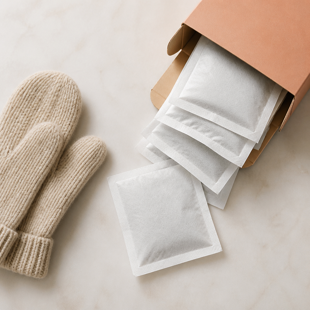 A stack of disposable hand warmer packets next to knit mittens — a cheap, effective stash for the coldest days on the mountain.