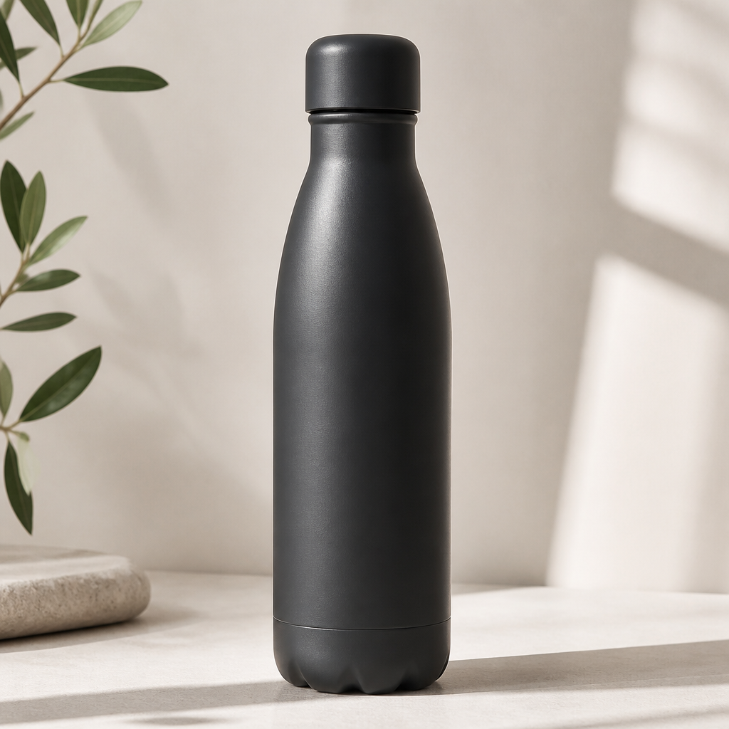 A matte charcoal insulated water bottle, packed to fight the faster dehydration that comes with altitude.