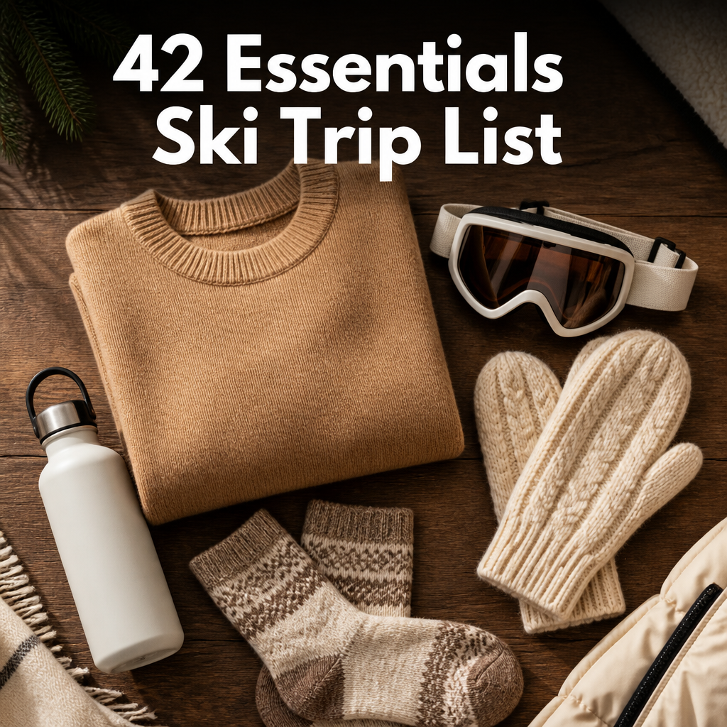Pinterest pin reading 42 Essentials, Ski Trip List, over a flat lay of neutral-toned ski trip packing essentials.