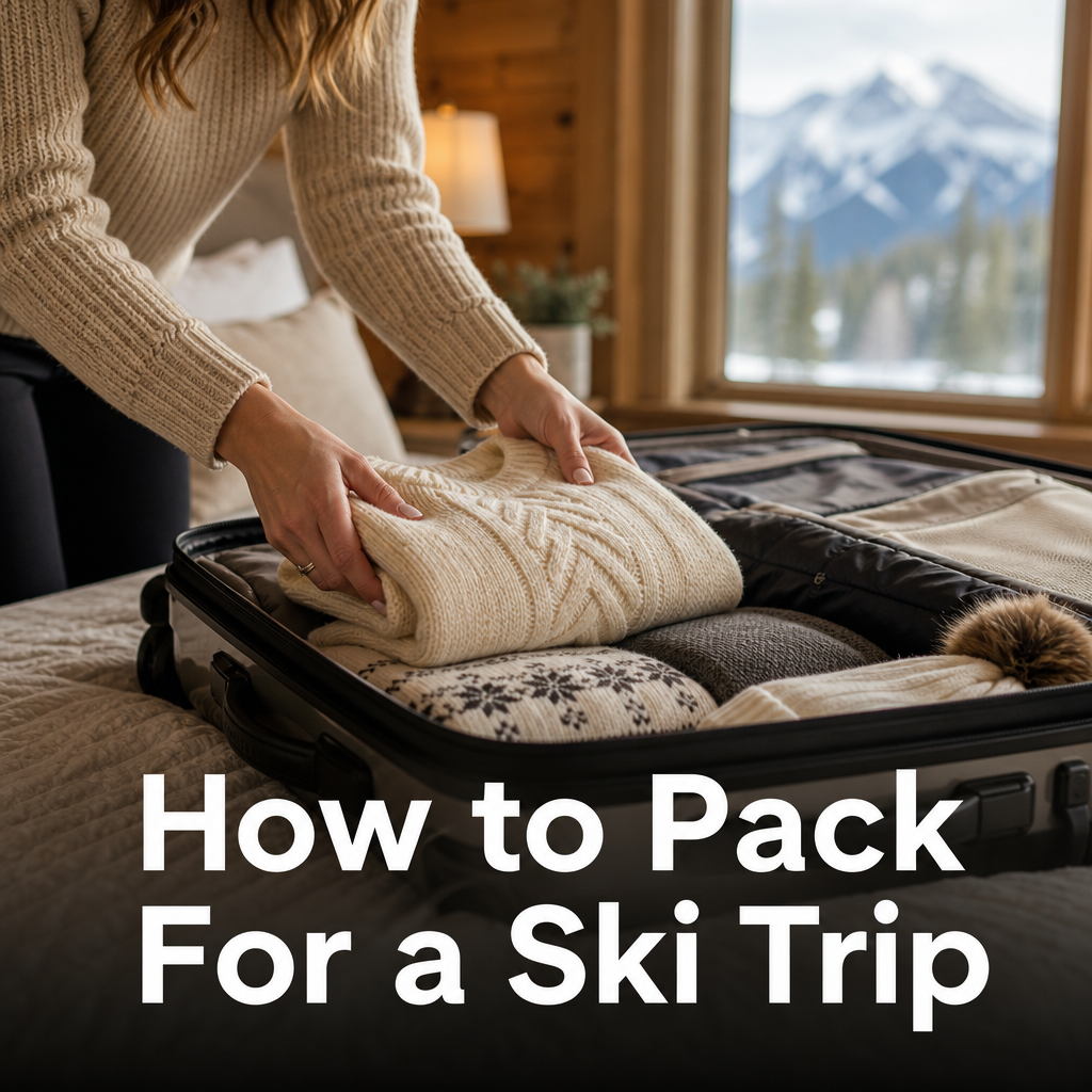 Pinterest pin reading How to Pack, For a Ski Trip, over a photo of hands packing a sweater into a suitcase.