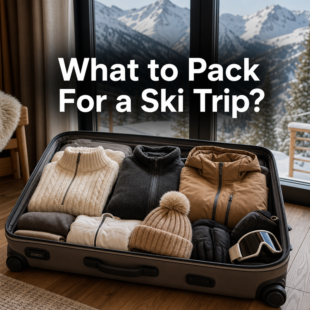 Pinterest pin reading What to Pack, For a Ski Trip?, over a photo of a neatly packed suitcase with a mountain view.
