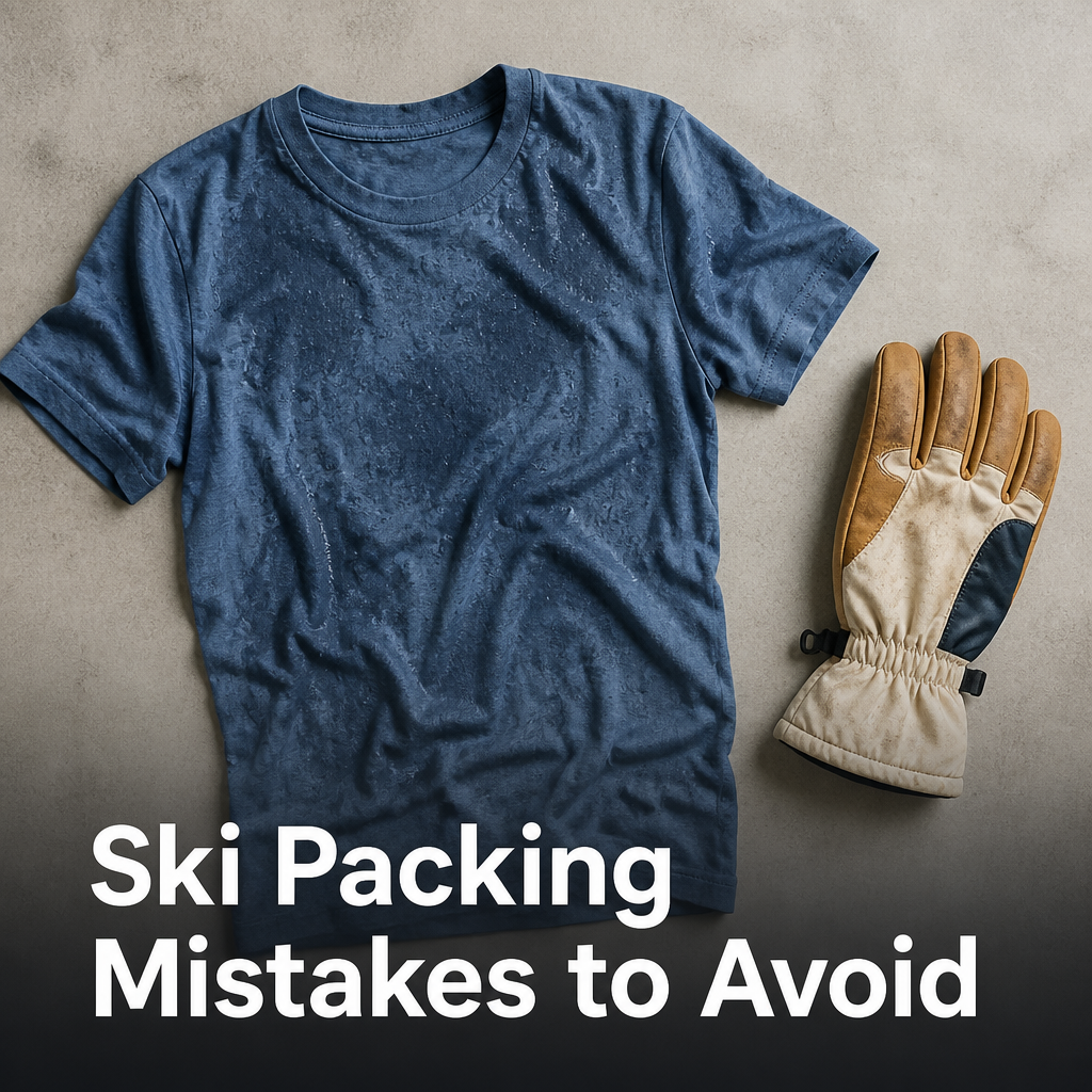 Pinterest pin reading Ski Packing, Mistakes to Avoid, over a flat lay symbolizing common ski trip packing mistakes.
