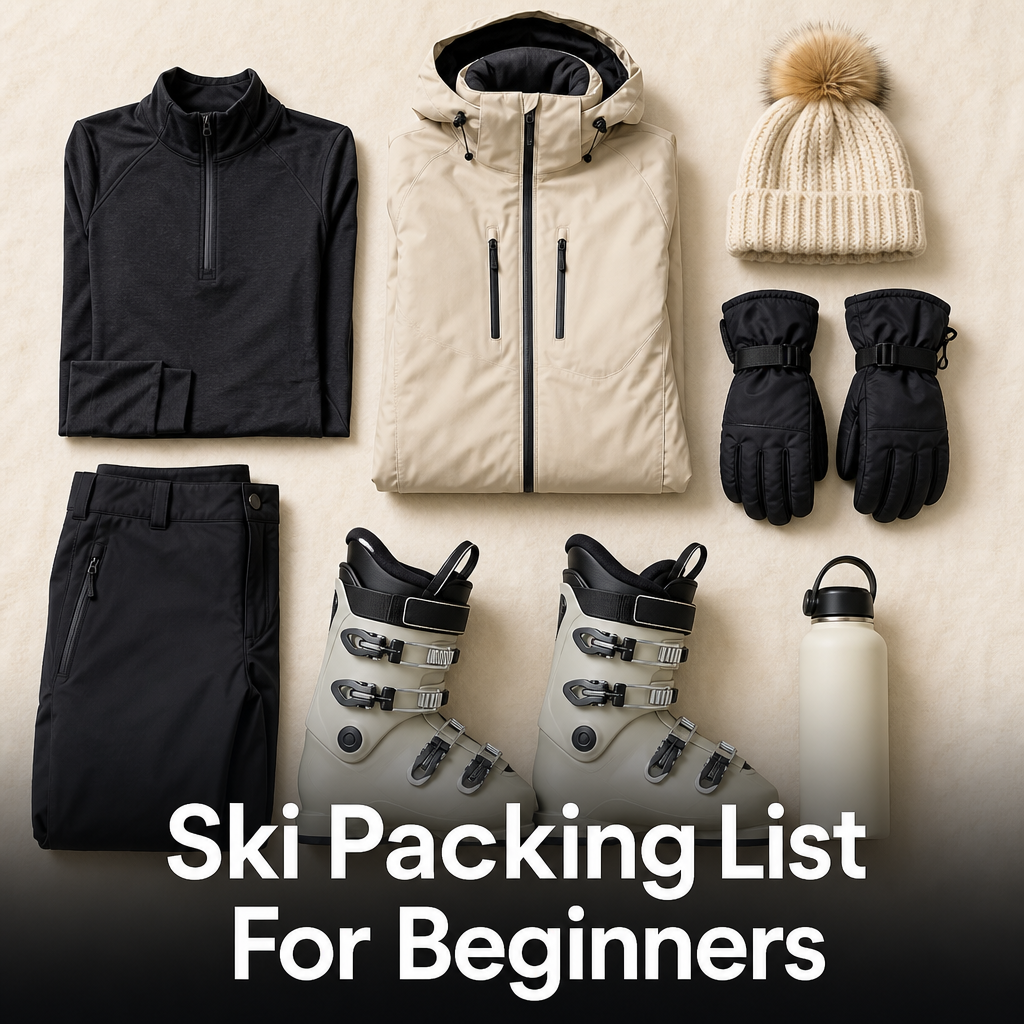 Pinterest pin reading Ski Packing List, For Beginners, over an organized flat lay of ski trip essentials.