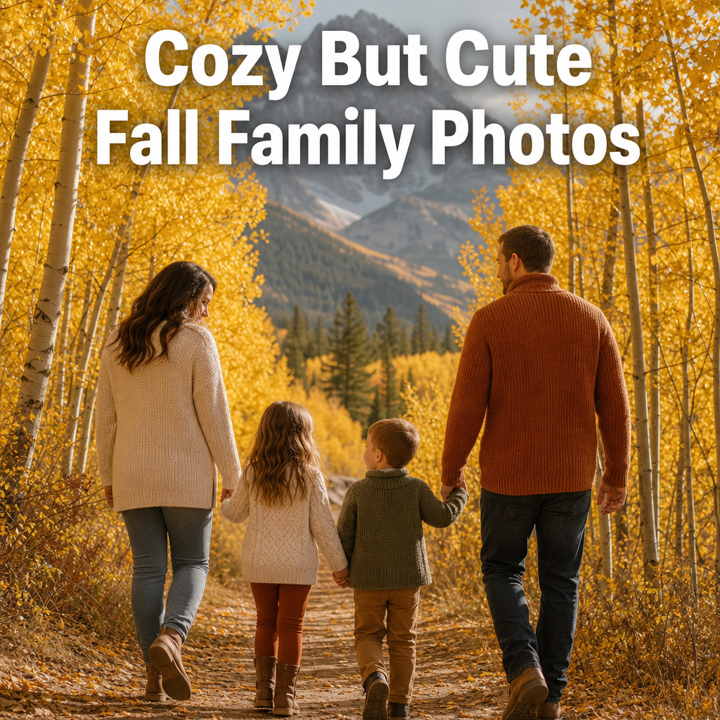 Pinterest pin reading Cozy But Cute, Fall Family Photos, over a candid photo of a family walking through a golden aspen grove in coordinated knit layers.