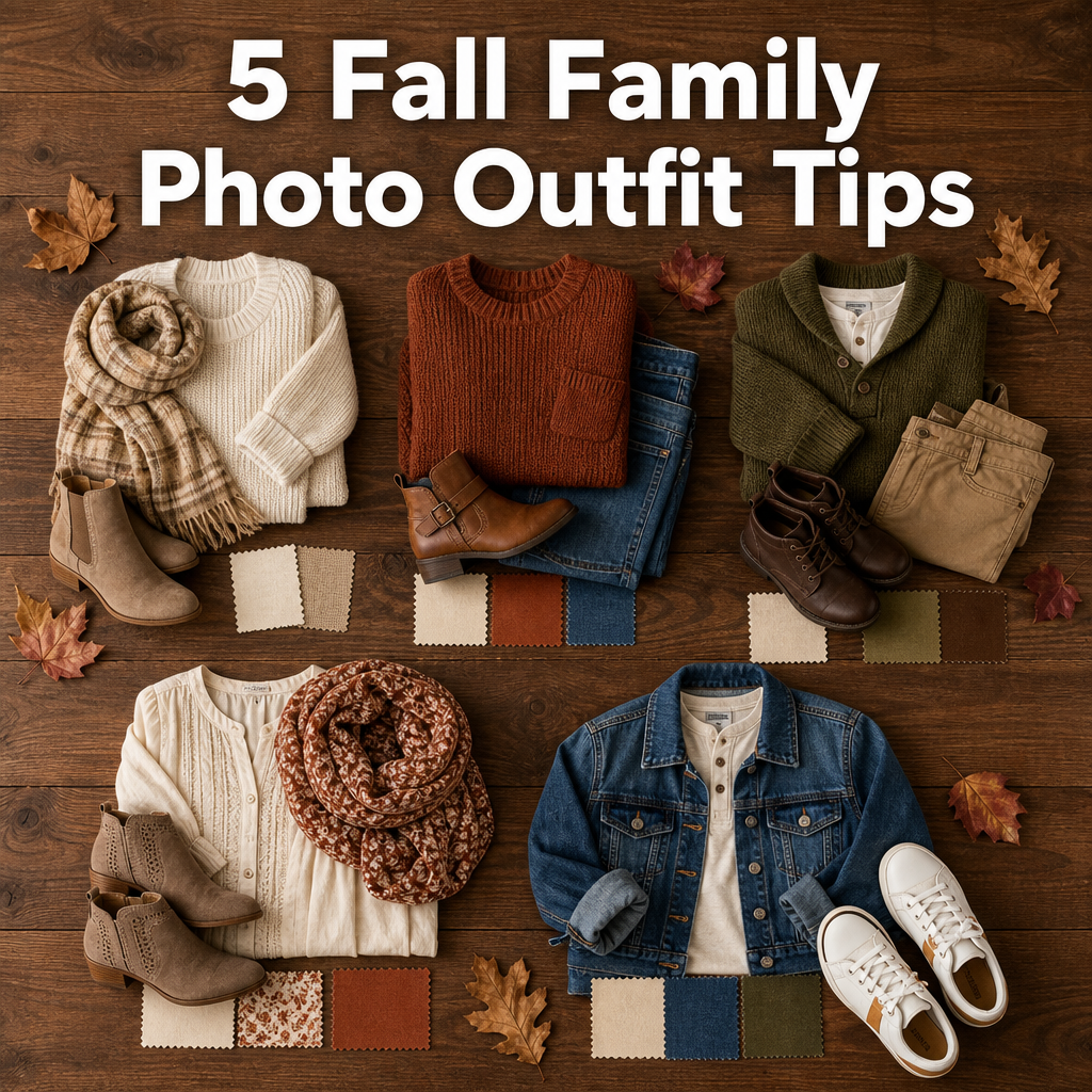 Pinterest pin reading 5 Fall Family, Photo Outfit Tips, over a flat lay grid of sweaters, boots, a scarf, and fall-toned fabric swatches.