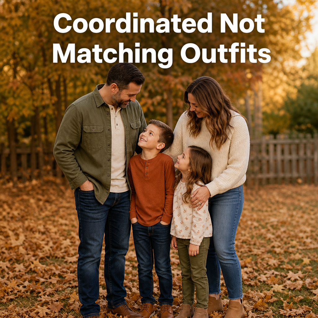 Pinterest pin reading Coordinated Not, Matching Outfits, over a candid family photo where each person wears a different shade from the same warm palette.