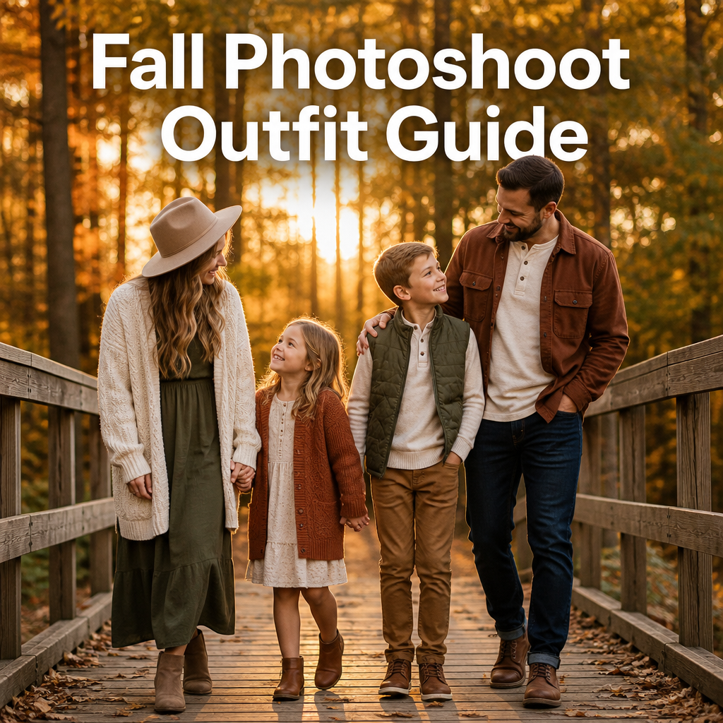 Pinterest pin reading Fall Photoshoot, Outfit Guide, over a candid golden-hour family photo on a forest trail in cozy layered outfits.