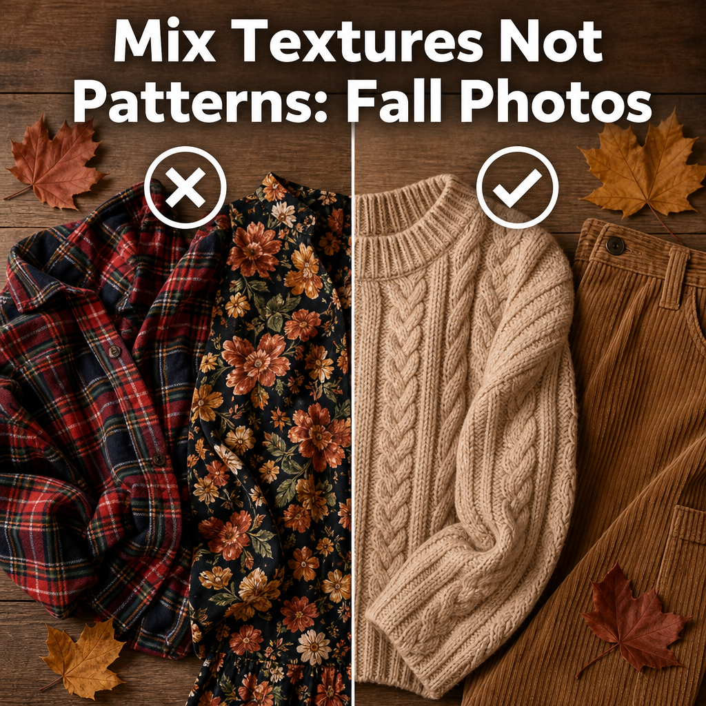 Pinterest pin reading Mix Textures Not, Patterns: Fall Photos, over a comparison of clashing patterns versus tonal knit and corduroy textures.