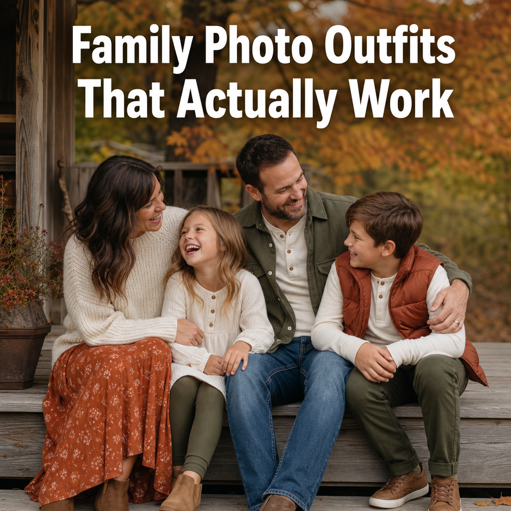 Pinterest pin reading Family Photo Outfits, That Actually Work, over a candid photo of a family laughing together outdoors in coordinated fall layers.