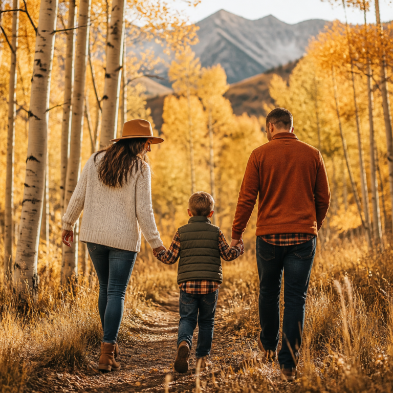 Family walking through a golden aspen grove in coordinated cozy fall outfits for family photos