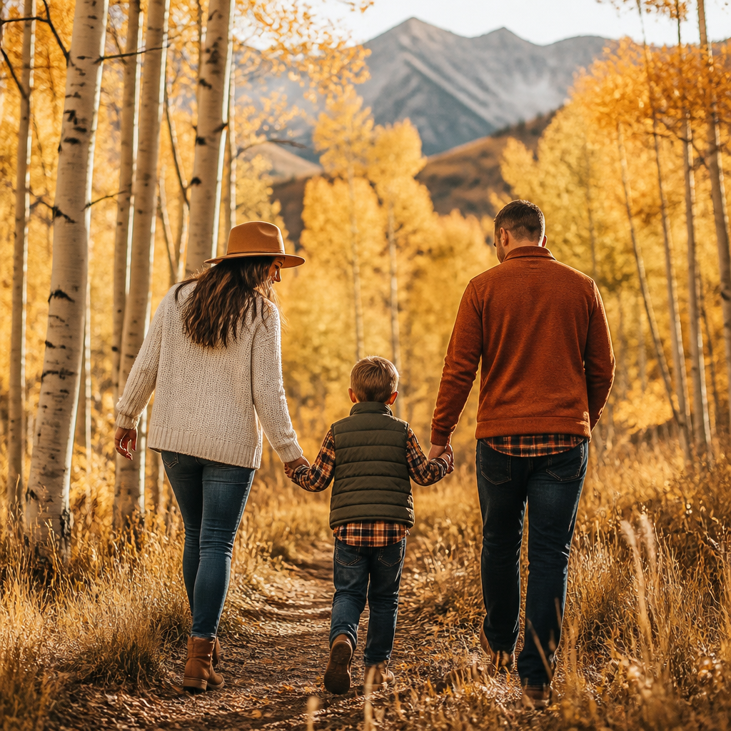 Family walking through a golden aspen grove in coordinated cozy fall outfits for family photos