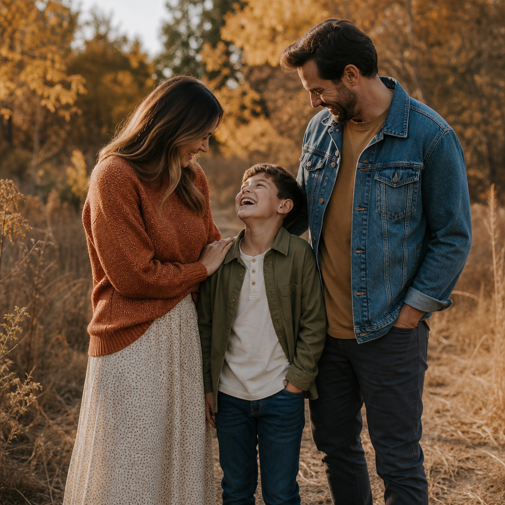 Family in coordinated fall color palette of cream, rust, olive, and mustard tones for family photos