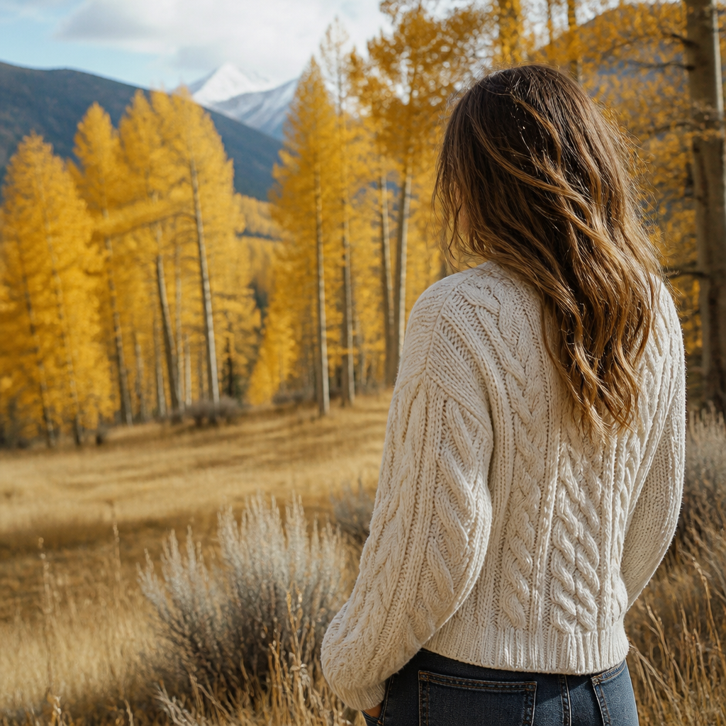 Woman wearing a cream cable-knit sweater outdoors for fall family photos