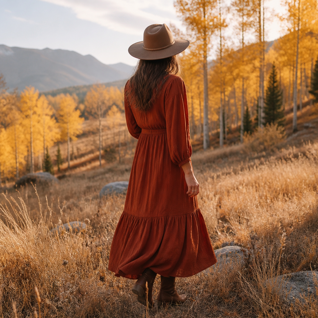 Woman wearing a rust long-sleeve midi dress outdoors for fall family photos