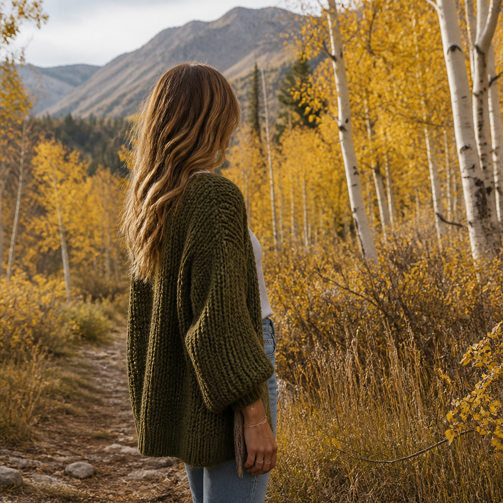 Woman wearing an olive chunky cardigan outdoors for fall family photos