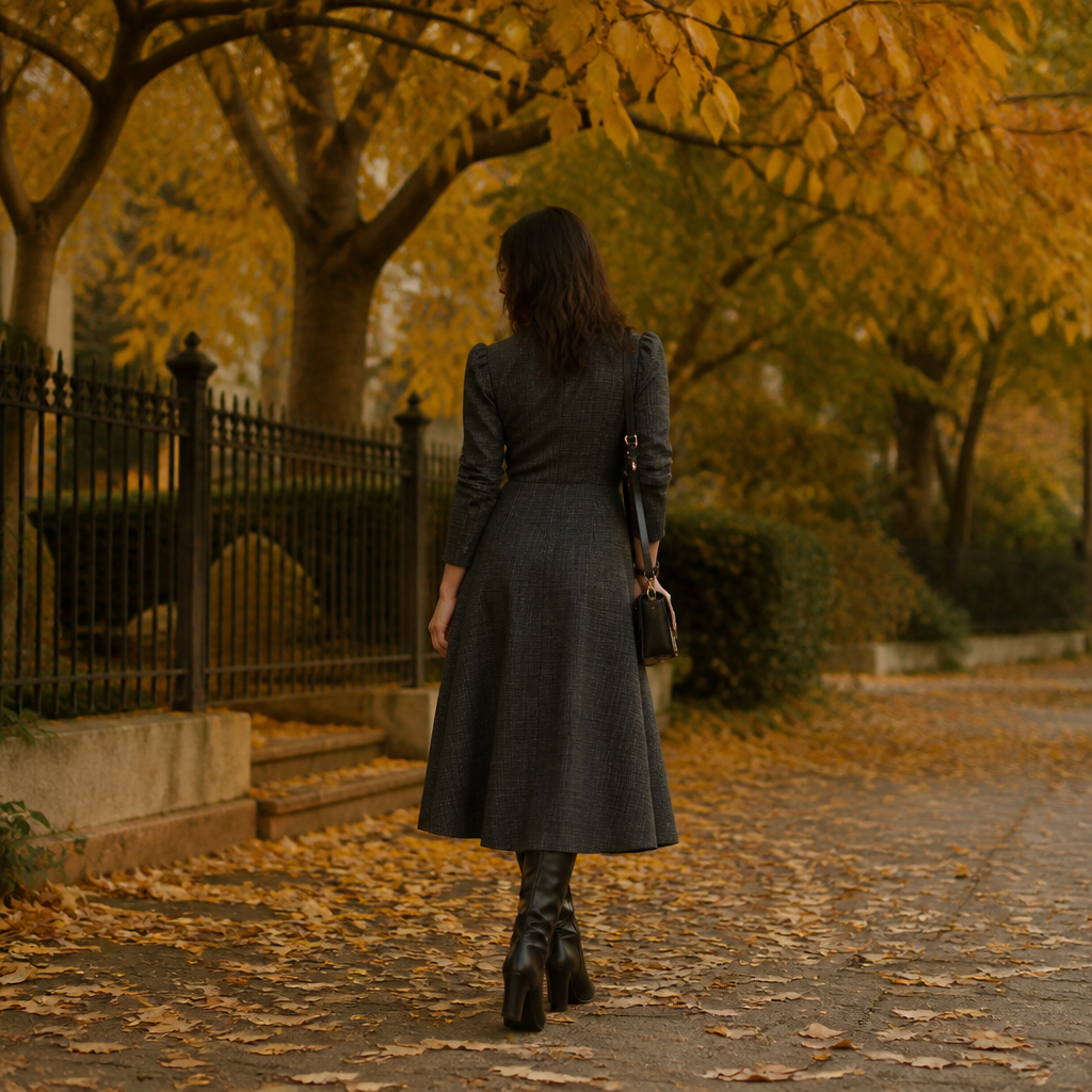 Woman wearing a structured midi dress and boots outdoors for fall family photos