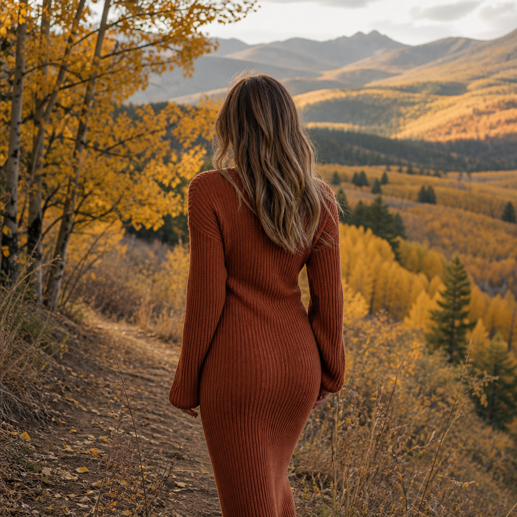 Woman wearing a rust rib-knit sweater dress outdoors for fall family photos