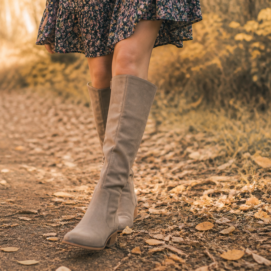 Woman wearing taupe knee-high boots outdoors for fall family photos