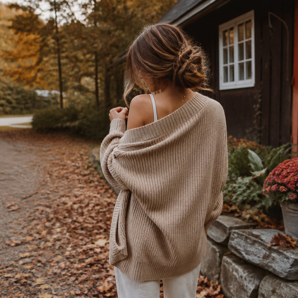 Woman wearing a cozy neutral cardigan outdoors for fall family photos