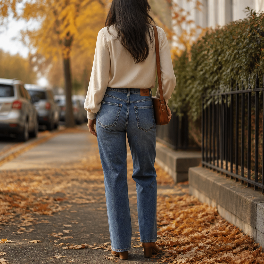 Woman wearing high-waisted straight-leg jeans outdoors for fall family photos