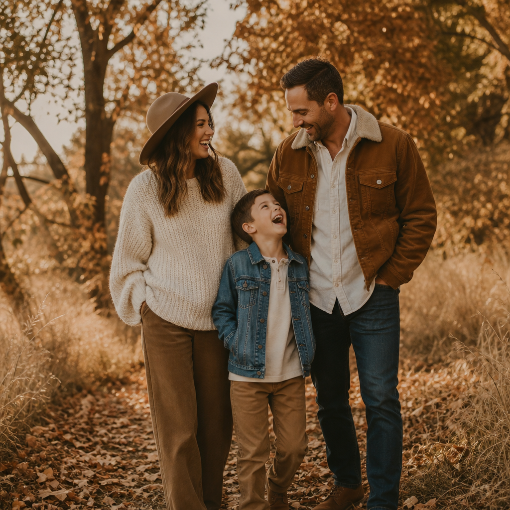 Family wearing mixed textures of chunky knit, corduroy, and denim for fall family photos