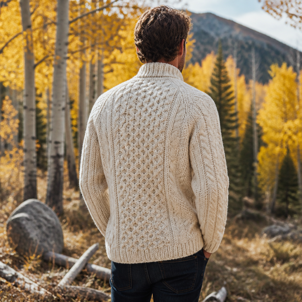 Man wearing a chunky fisherman sweater outdoors for fall family photos