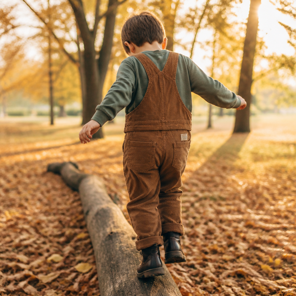 Kid wearing corduroy overalls outdoors for fall family photos