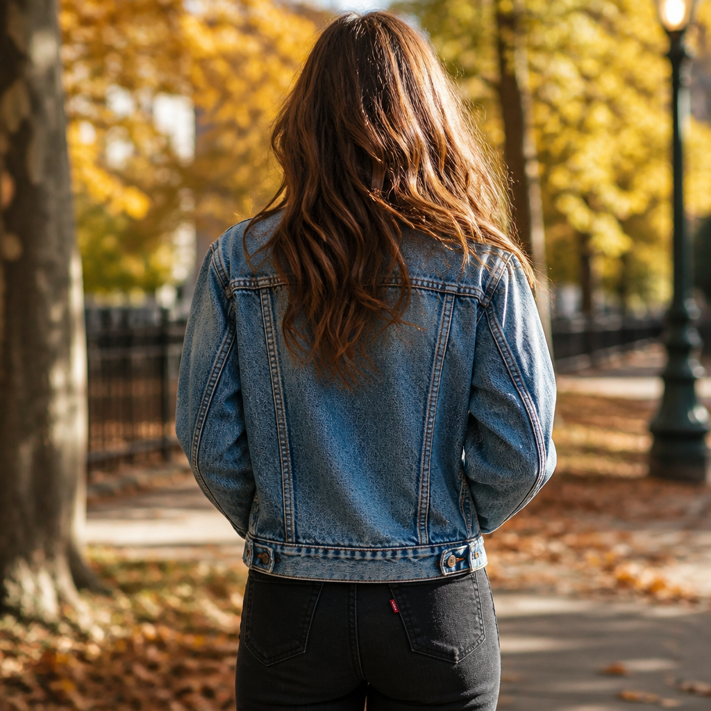 Woman wearing a classic trucker denim jacket outdoors for fall family photos
