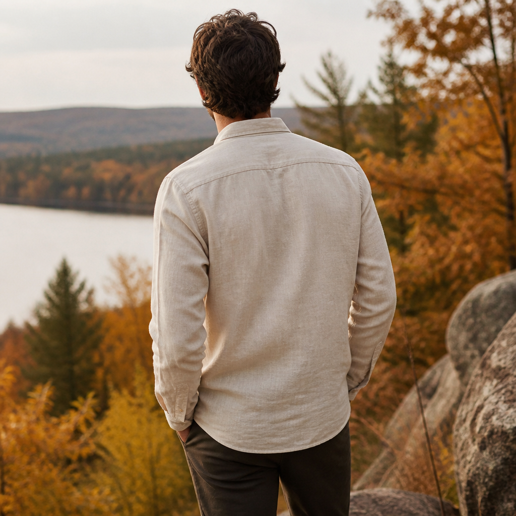 Man wearing a linen-blend button-down shirt outdoors for fall family photos