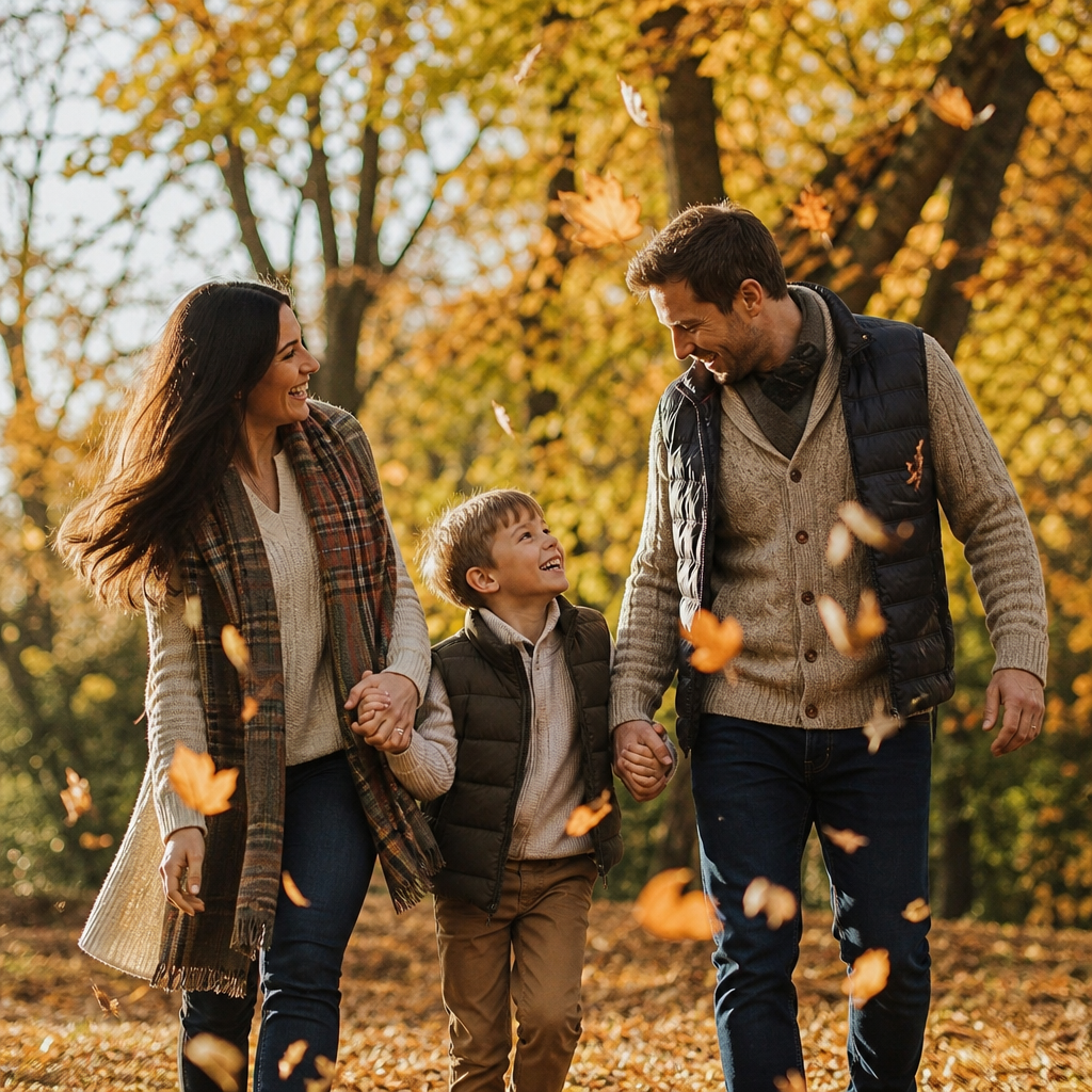 Family wearing layered fall outfits with cardigans, scarves, and vests for family photos