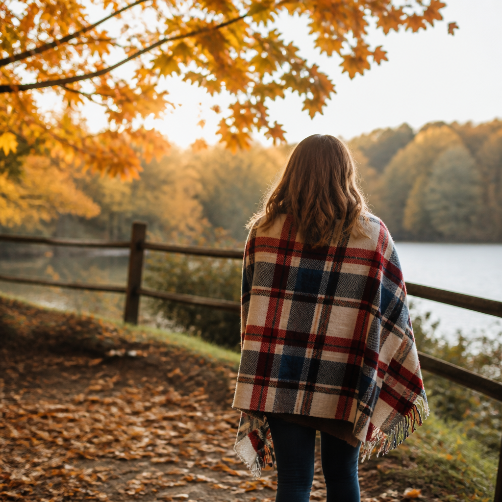Woman wearing a plaid blanket scarf outdoors for fall family photos