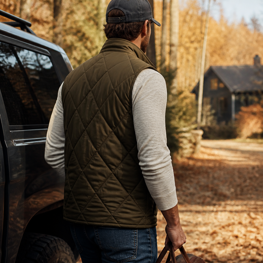 Man wearing a quilted vest outdoors for fall family photos