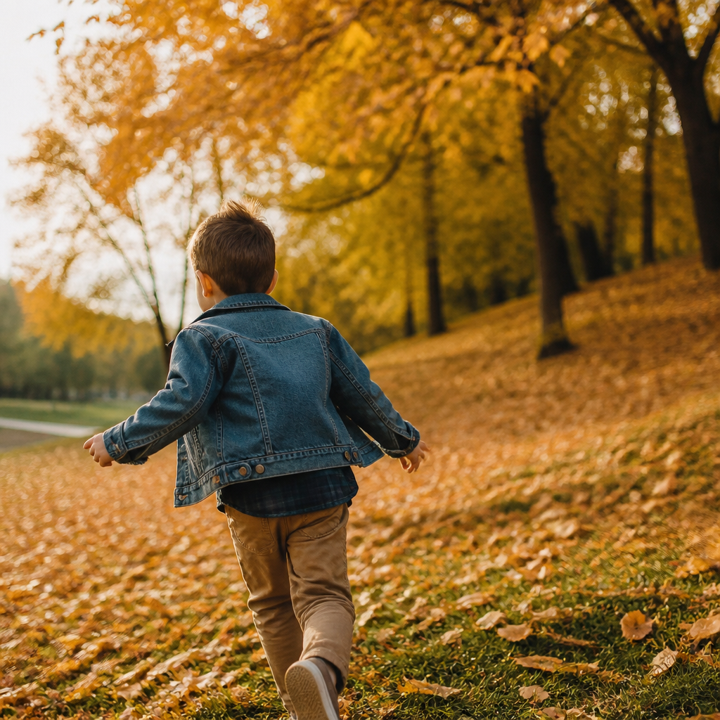 Kid wearing a denim jacket outdoors for fall family photos