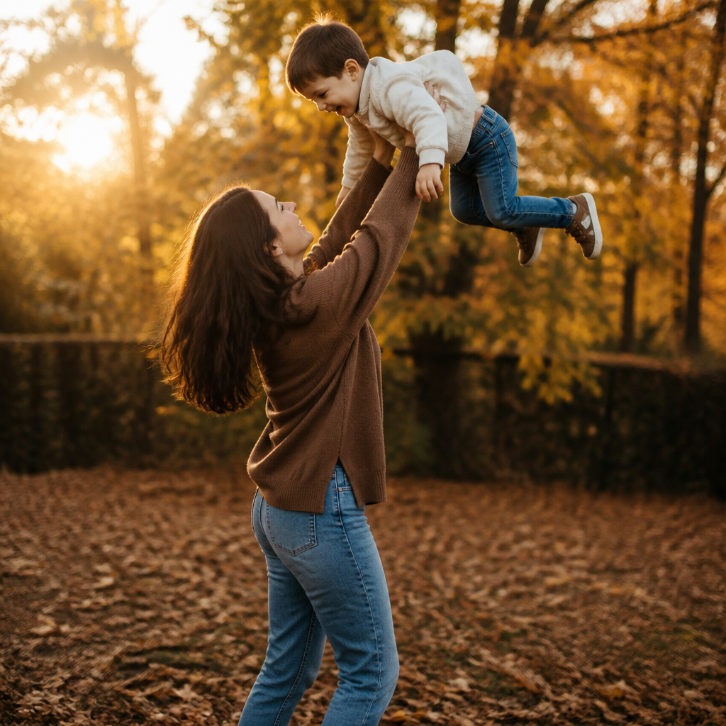 Mom and son moving and laughing outdoors in comfortable fall outfits for family photos