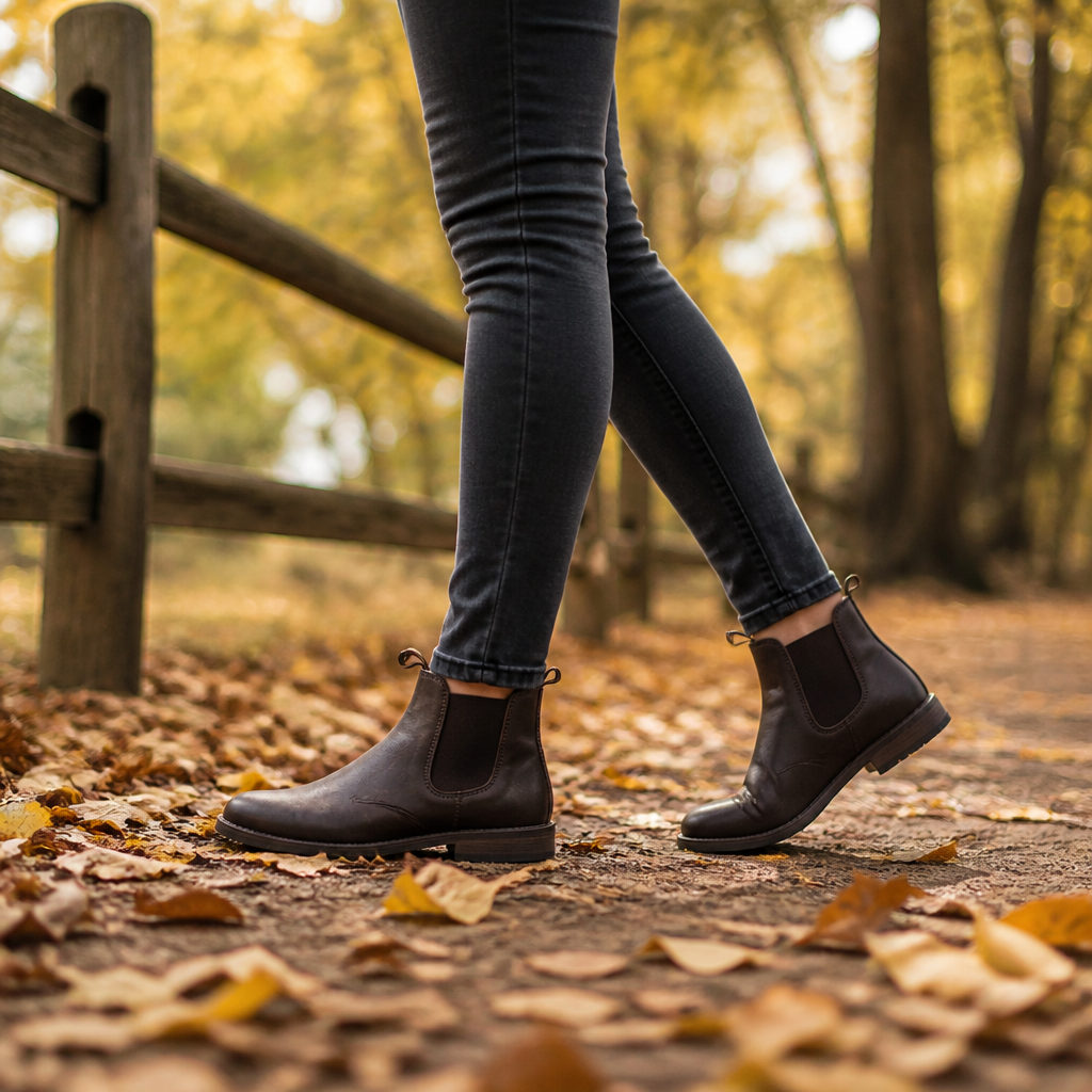Woman wearing flat Chelsea boots outdoors for fall family photos