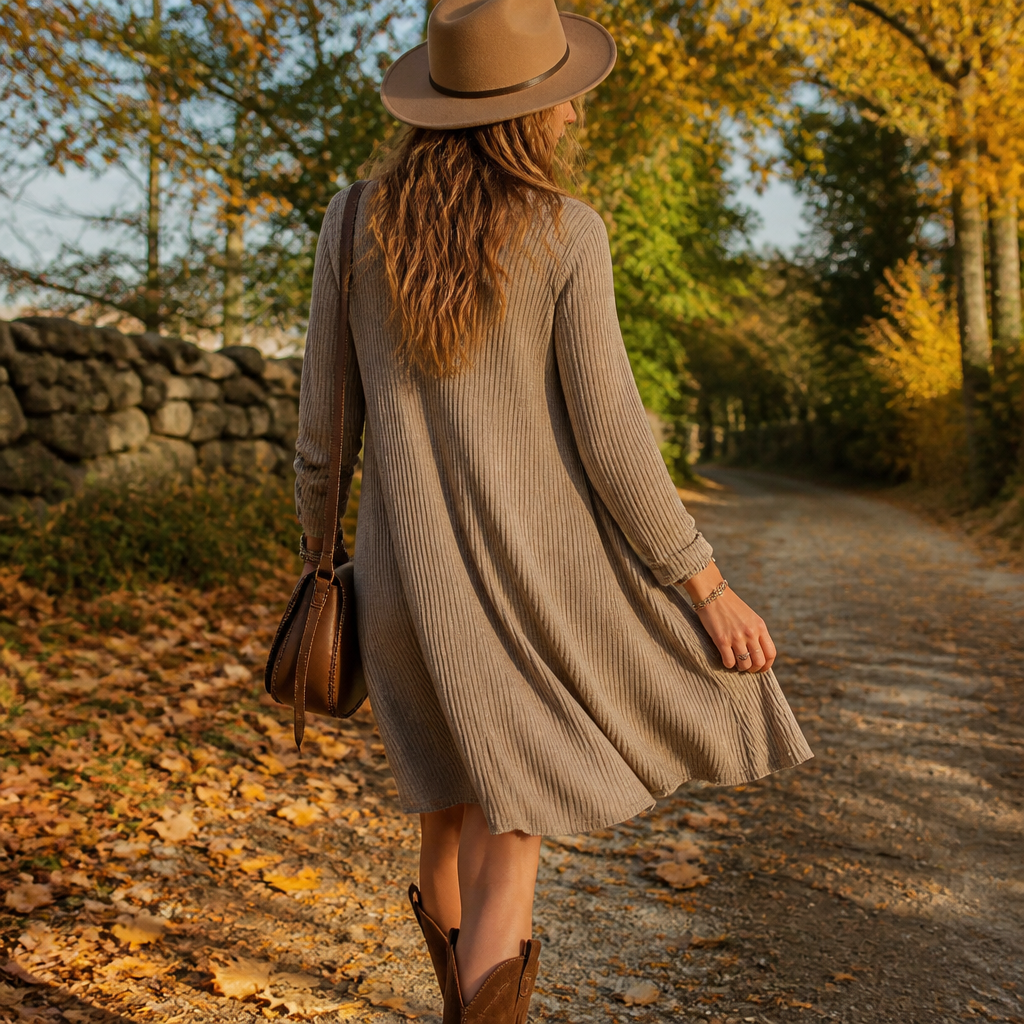 Woman wearing a soft knit swing dress outdoors for fall family photos