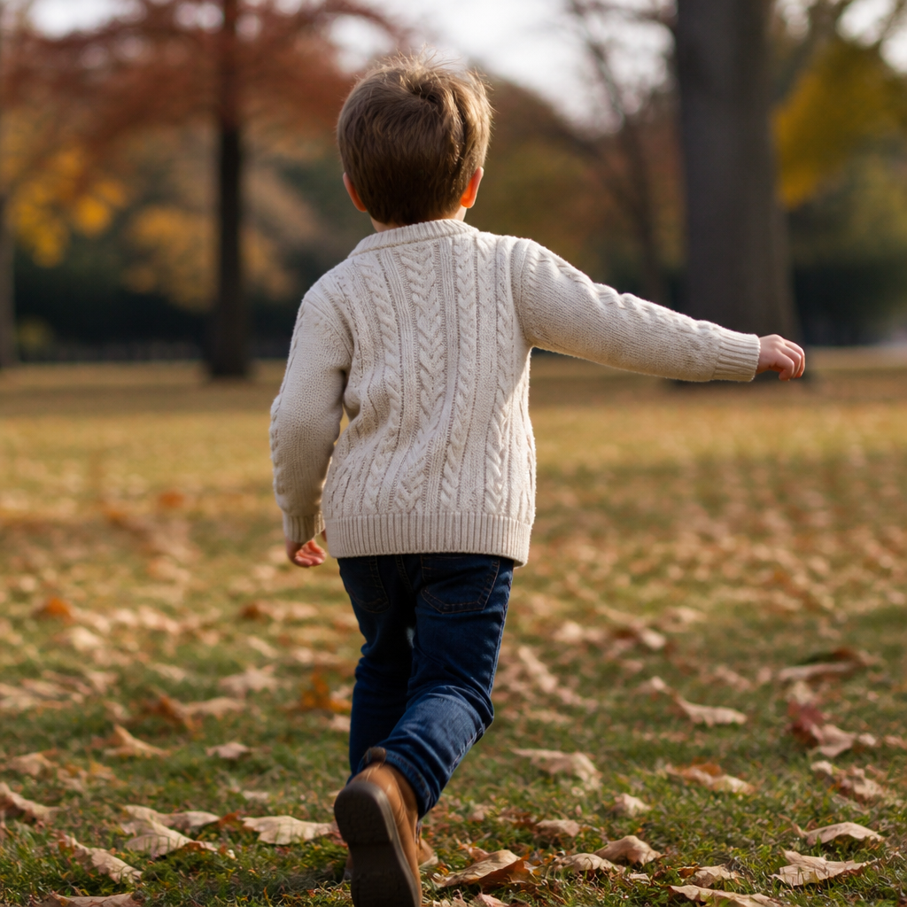 Kid wearing a stretchy cable-knit sweater outdoors for fall family photos