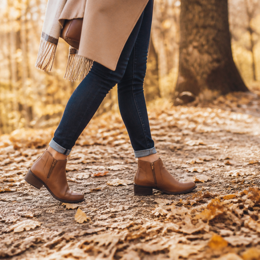 Woman wearing low-heel ankle boots outdoors for fall family photos