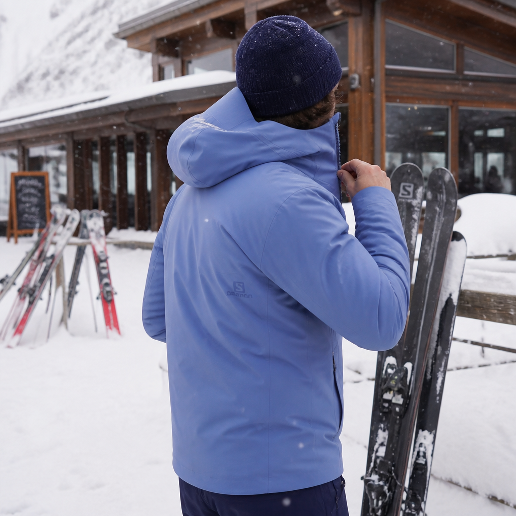 Skier zips glacier-blue insulated jacket in falling snow outside a lodge