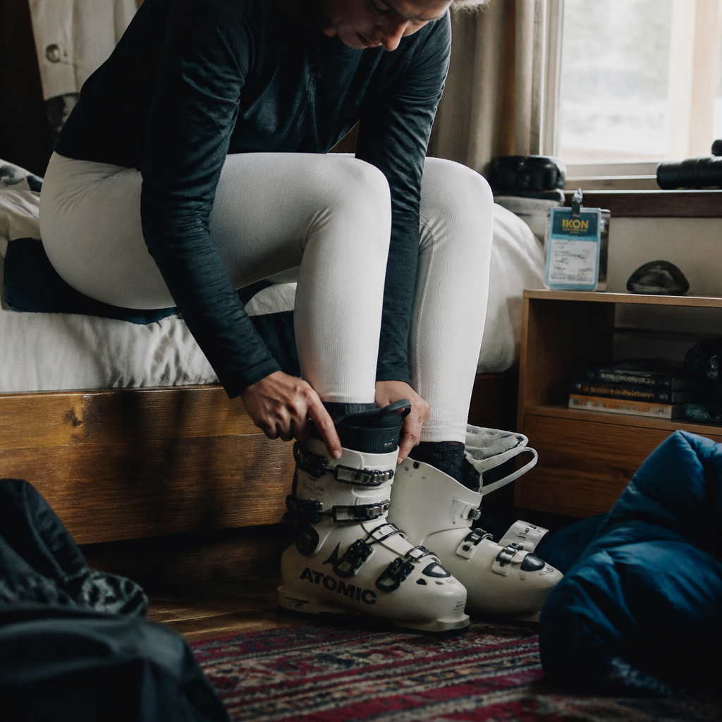 Woman pulls on white merino thermal leggings before a day of skiing