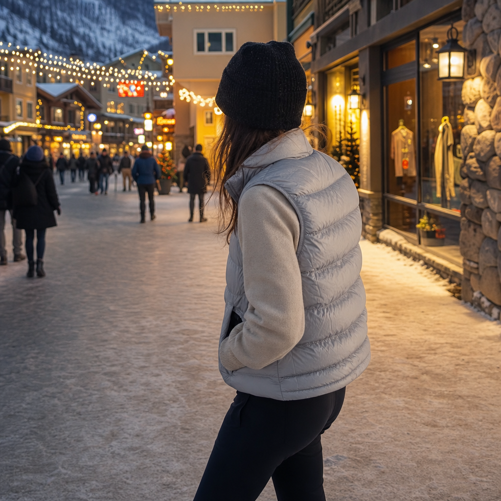 Person wears silver packable down vest walking through lit ski village