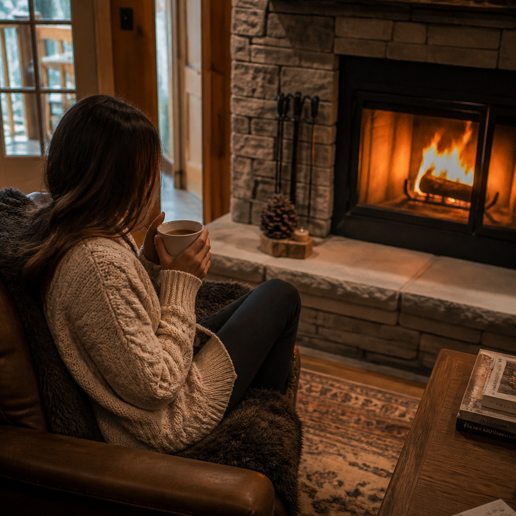 Chunky cream cable-knit sweater worn with cocoa by lodge fireplace