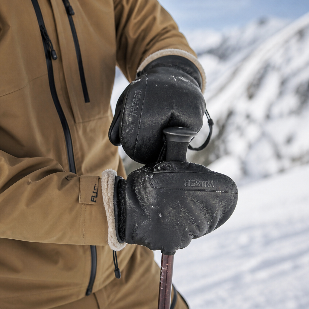 Charcoal leather waterproof mittens worn outdoors on a ski pole