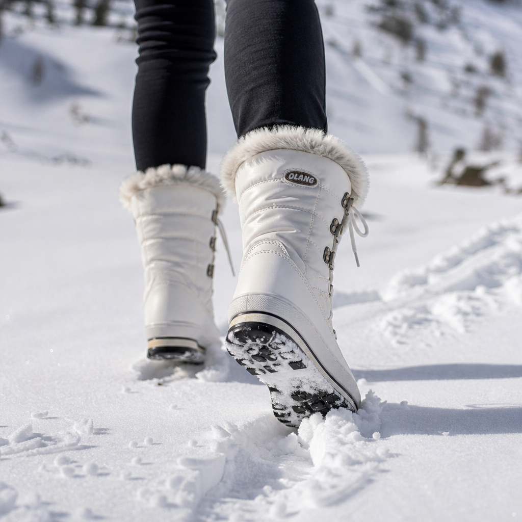 White faux-fur snow boots leave first footprints in fresh powder