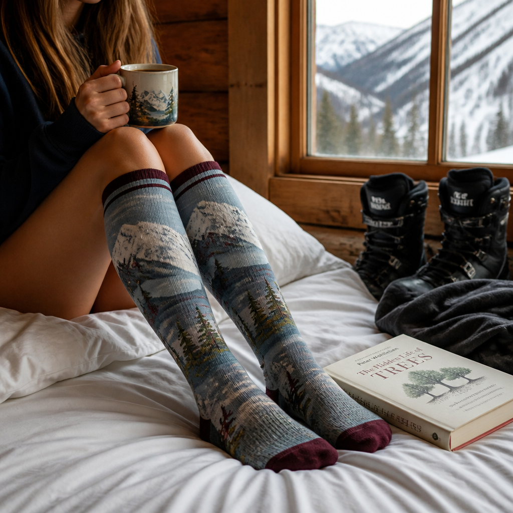 Alpine-print merino ski socks worn beside tea and a book